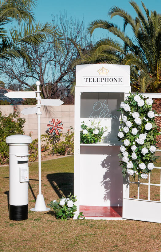 Phone Booth w/ Road Signs & Classic Mailbox Charmbox Events Phone Booth w/ Road Signs & Classic Mailbox